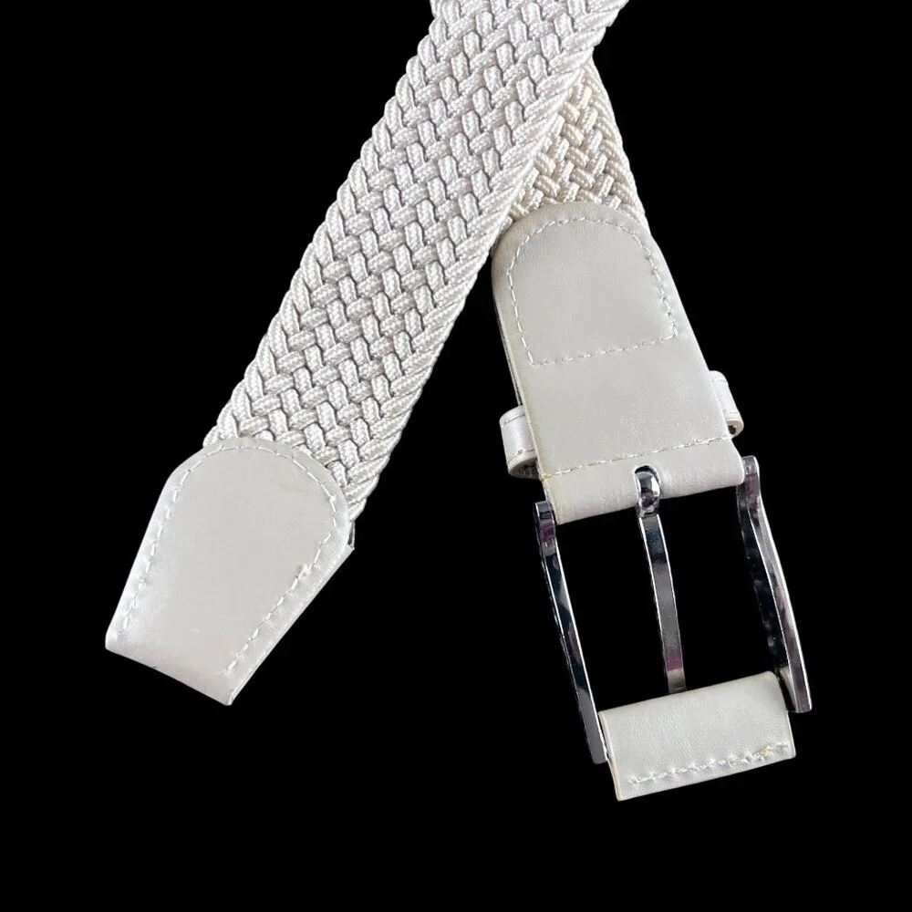 Mens Braided Beige Elastic Woven Golf Belt Faux Leather Accents Silver Buckle 43